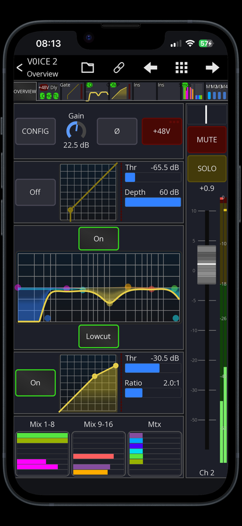 Mixing Station mobile interface showing a voice channel overview with EQ compression and fader controls
