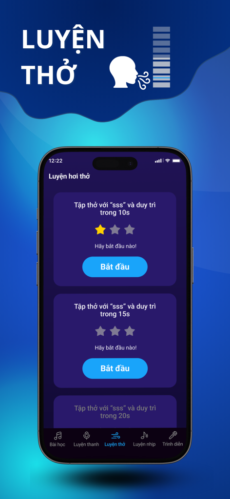 Interface of the IKARA app showing breathing exercise modules for karaoke vocal training