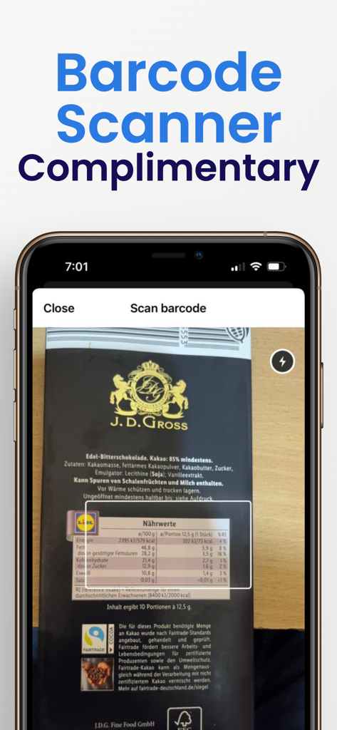 Food Diary - Lilbite - Una pantalla de smartphone mostrando la función de escáner de código de barras de la aplicación Lilbite utilizada en la etiqueta de información nutricional de un producto alimenticio