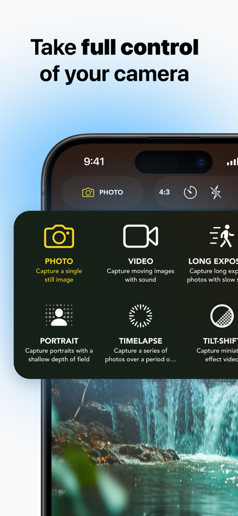 Interfaz de la aplicación Snap Pro Camera mostrando una selección de modos de fotografía y video que incluyen controles manuales y timelapse en un iPhone.
