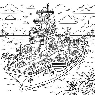Imagine the ultimate summer getaway right on the deck of a massive aircraft carrier! This playful coloring page transforms a powerful warship into a vibrant, sun-drenched beach resort, complete with happy vacationers.