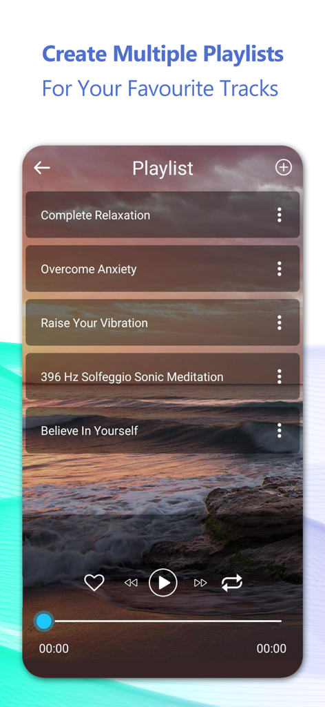 Relax And Sleep Well Hypnosis - A mobile interface for Relax And Sleep Well Hypnosis app displaying a playlist of meditation and relaxation tracks over a serene beach background