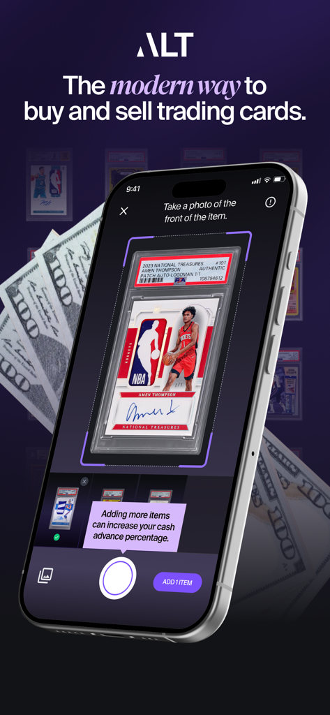 Alt: Buy & Sell Cards - Interfaz de la aplicación móvil que muestra un cromo de baloncesto siendo escaneado para un anticipo en efectivo en la plataforma Alt
