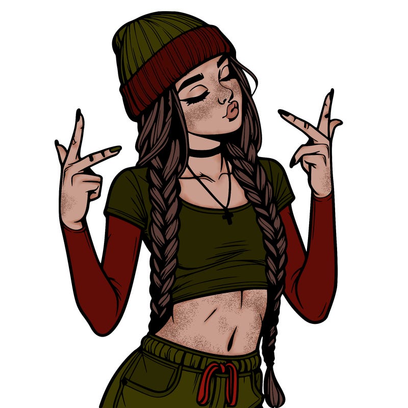 realistic teenage girl with braids and a beanie and crop top doing 🫶🏼