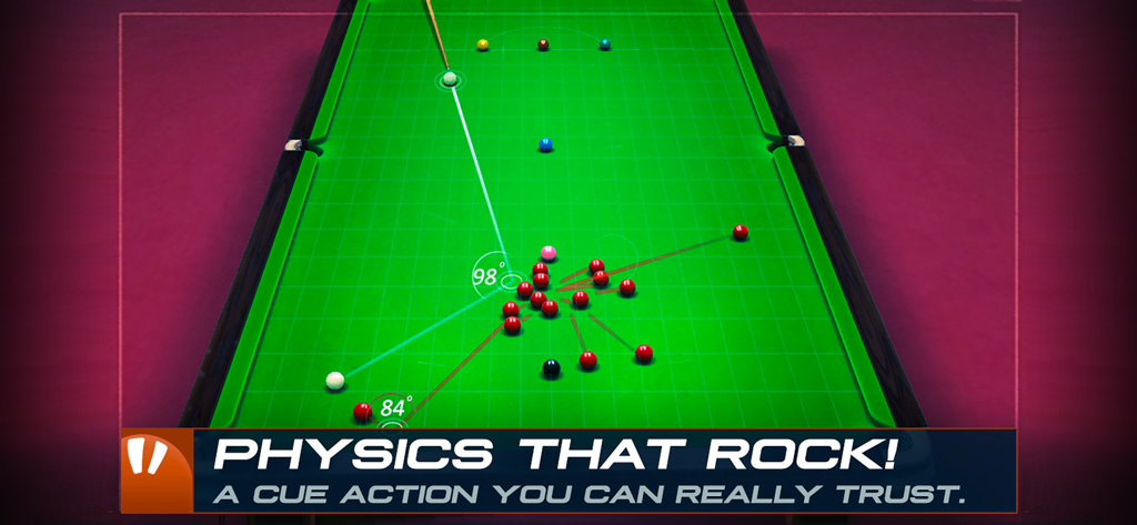 Captura de pantalla de Snooker Stars que destaca la física realista de las bolas y las líneas de trayectoria en una mesa de snooker.