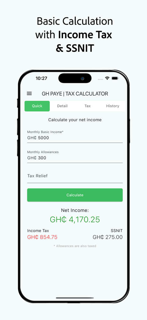 PAYE Calculator - Ghana PAYE - App interface for calculating net income tax and SSNIT in Ghana
