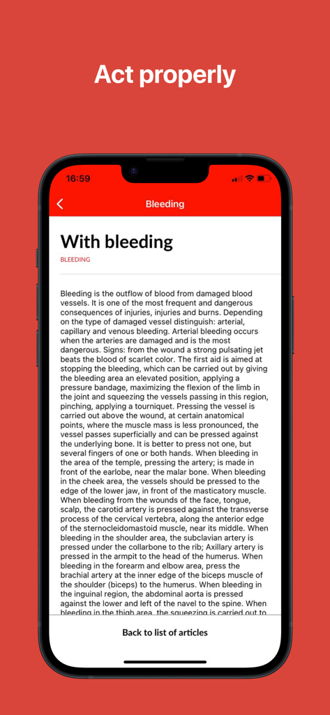 112 МО - 112 MO mobile app screen displaying detailed first aid instructions for managing bleeding during an emergency.
