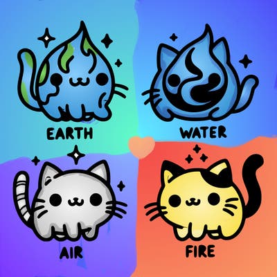 4 cats that represent the different elements, earth, water, air, and fire