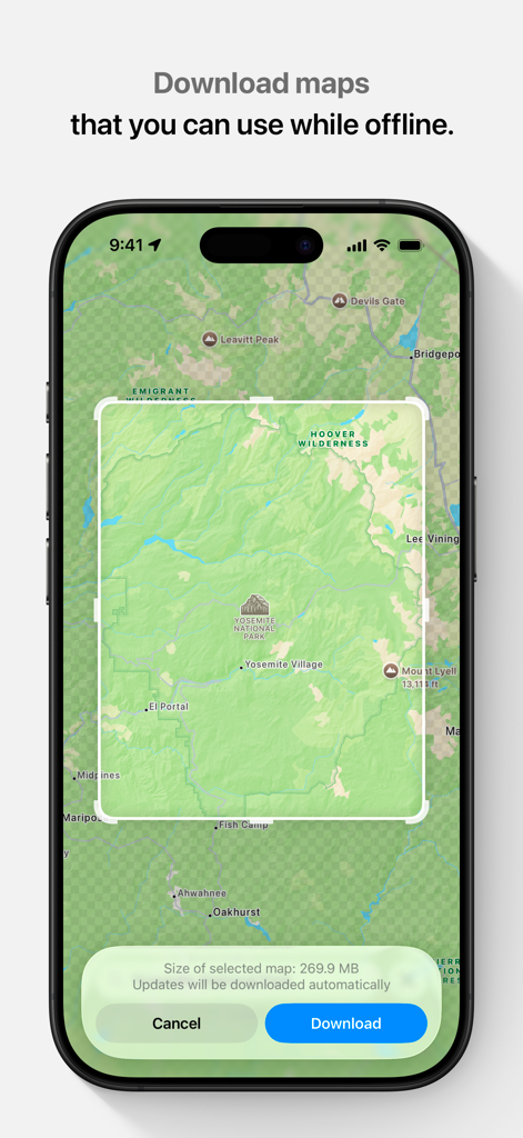Apple Maps - Interface do Apple Maps mostrando a opção de baixar um mapa do Parque Nacional de Yosemite para uso offline.
