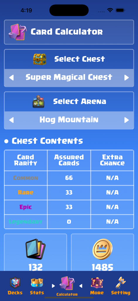 Deck Guides - Kartenrechner-Oberfläche für Clash Royale, die Truheninhalte und Karten-Seltenheitsstatistiken anzeigt