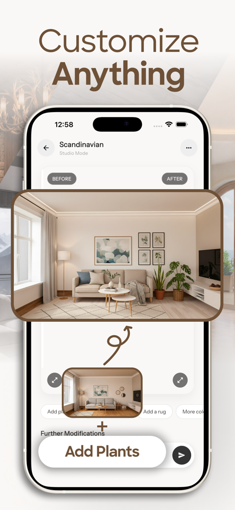 AI Interior Design - DesignIt - Interfaz de la aplicación de diseño de interiores con IA que muestra una sala de estar escandinava siendo personalizada con plantas y muebles.