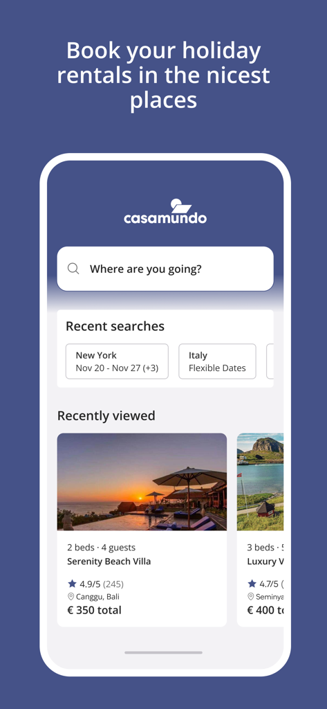 Mobile app interface for Casamundo showing holiday rental search and villa listings.