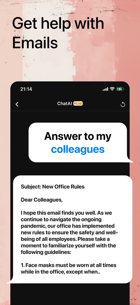 Chat AI: Ask Chatbot Assistant - Smartphone screen showing the Chat AI app interface drafting a professional workplace email to colleagues.