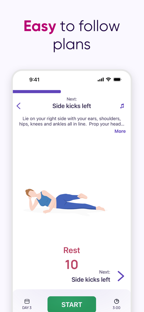 5 Minute Pilates Workout - Interfaz de la aplicación móvil para 5 Minute Pilates que muestra una animación de ejercicio de patada lateral e instrucciones claras.