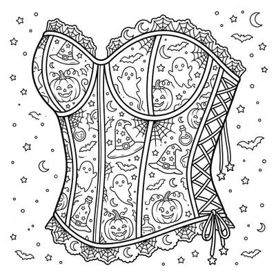 Embrace the spirit of Halloween with this delightfully detailed bustier coloring page, perfect for adding a touch of spooky chic to your creative projects. Dive into a world of cute ghosts, smiling pumpkins, and mystical witch hats, all ready for your vibrant imagination.