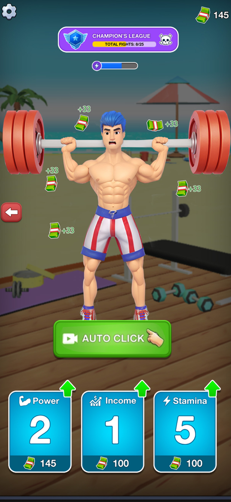 Gym Clicker Hero: Idle Muscles - ジムクリッカーヒーローのアイドルゲームでバーベルを持ち上げる筋肉質のカートゥーンキャラクター