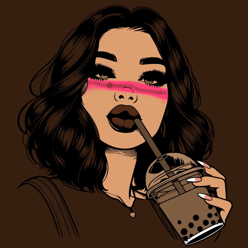 realistic girl with glossy lips holding boba