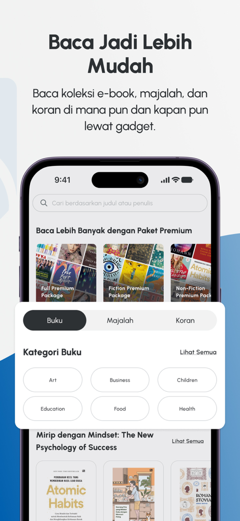 Startbildschirm der Gramedia Digital Mobile App mit Buchkategorien und Premium-Abonnementoptionen.