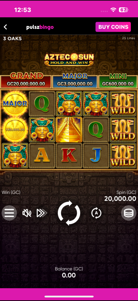 Pulsz Bingo: Bingo Games - Aztec Sun slot machine game screen in the Pulsz Bingo mobile app