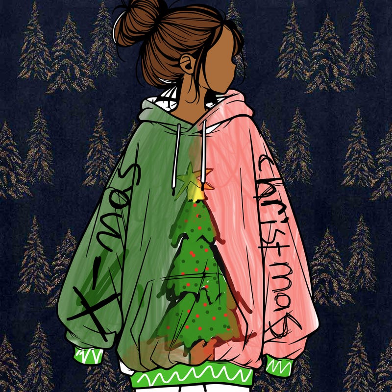 realistic girl with a oversized sweatshirt on and a bun