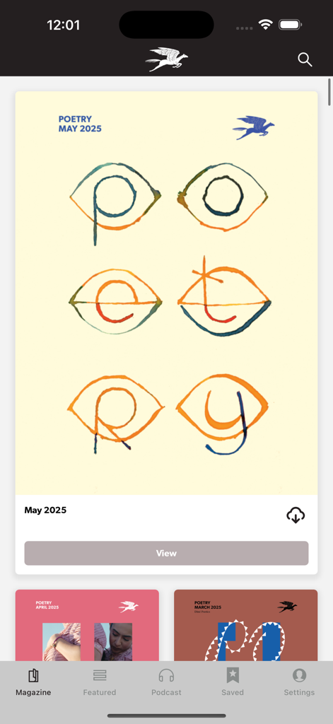 The home screen of the Poetry Magazine app showing the May 2025 issue and a library of past monthly editions.