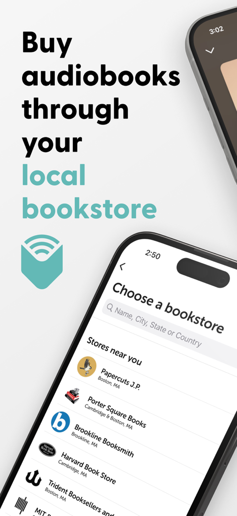 Mobile screen showing the Libro.fm app interface to choose a local bookstore for audiobook purchases.
