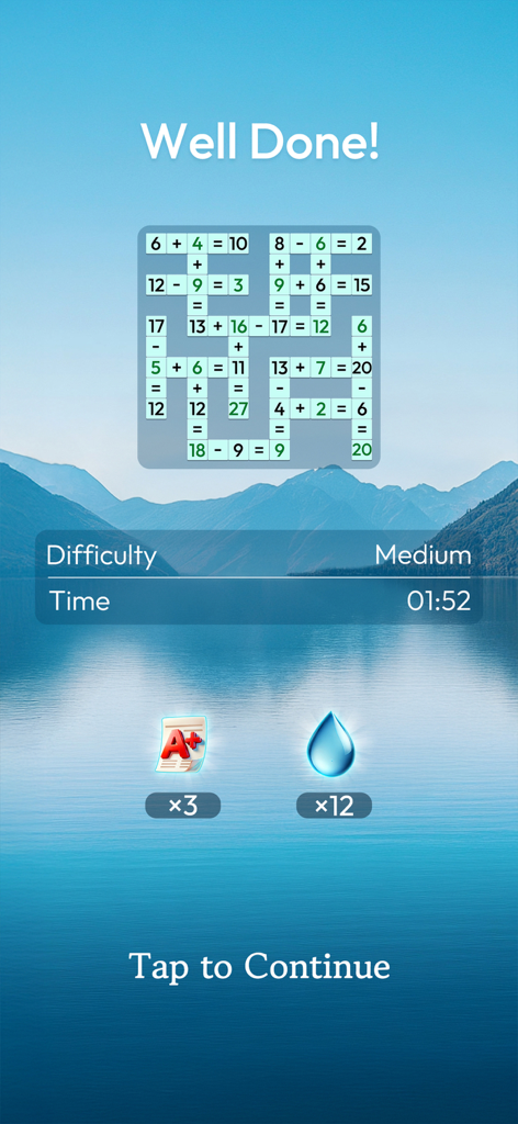 Victory screen of a math crossword puzzle with a serene lake and mountain background