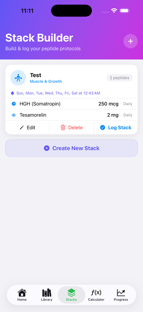 PepWise - Peptide Tracker - PepWise app Stack Builder interface showing a peptide protocol for muscle and growth