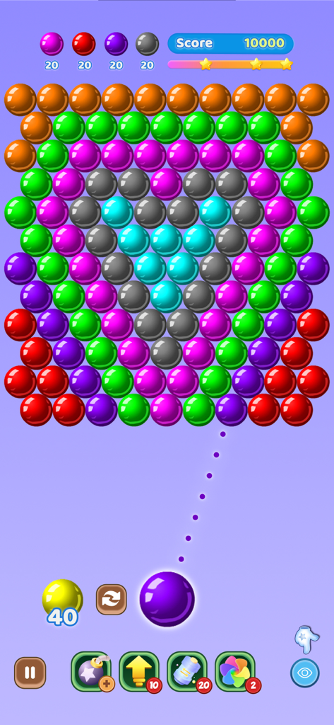 Color Pop Bubble ™ - Un nivel colorido de disparador de burbujas donde se apunta una burbuja morada a una cuadrícula de burbujas multicolores para emparejar y explotar.