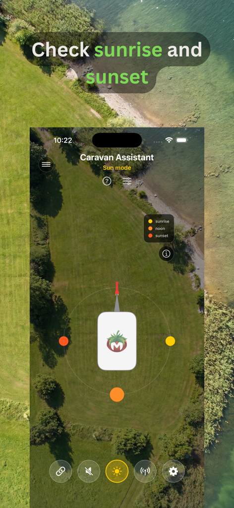 Caravan-Assistant: Wohnwagen - Brújula solar de la aplicación Caravan Assistant mostrando las ubicaciones del amanecer, mediodía y atardecer