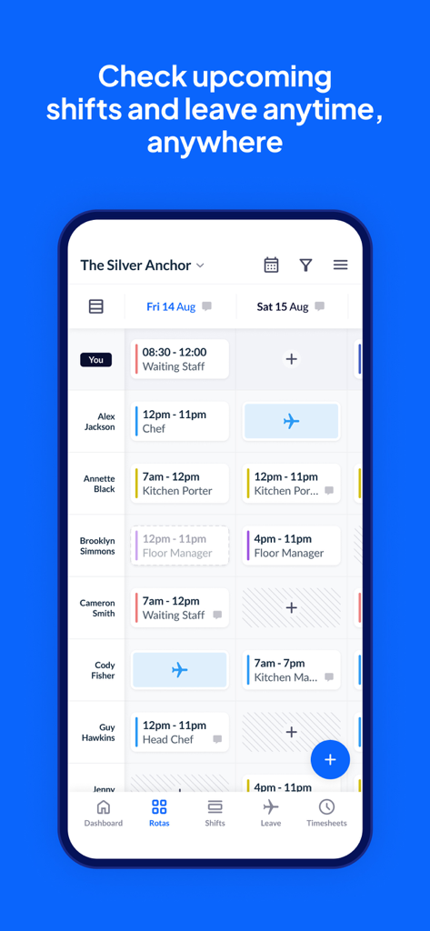 RotaCloud app screen showing a daily staff schedule with shifts and leave for hospitality employees