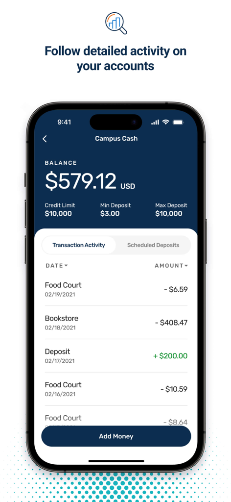 캠퍼스 현금 잔액 및 최근 거래 내역을 보여주는 Transact eAccounts 모바일 앱 화면