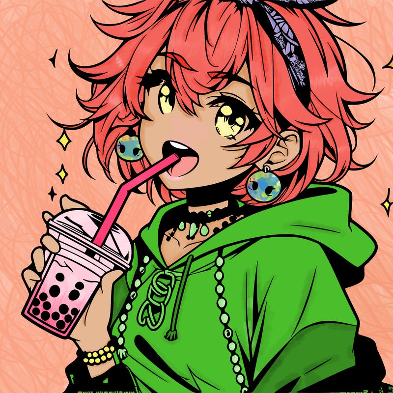 hot baddie anime girl drinking boba and biting the straw