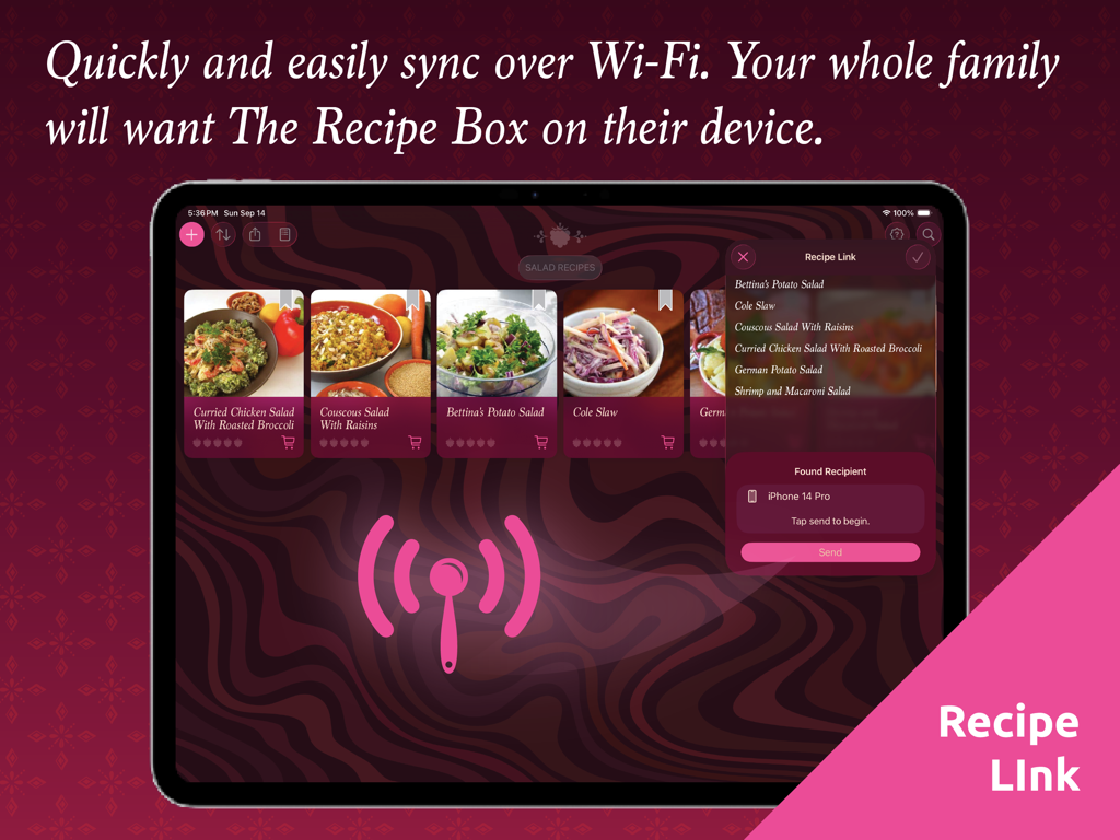 iPad app interface showing the Recipe Link feature for sharing recipes over Wi-Fi with other devices