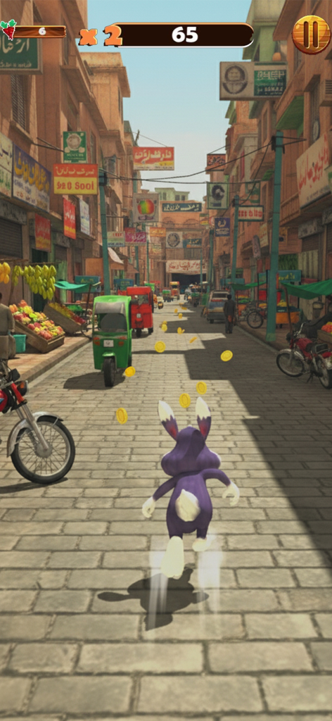 Bunny Street Runner Dash 3D - A purple bunny character running through a vibrant Pakistani street market collecting gold coins