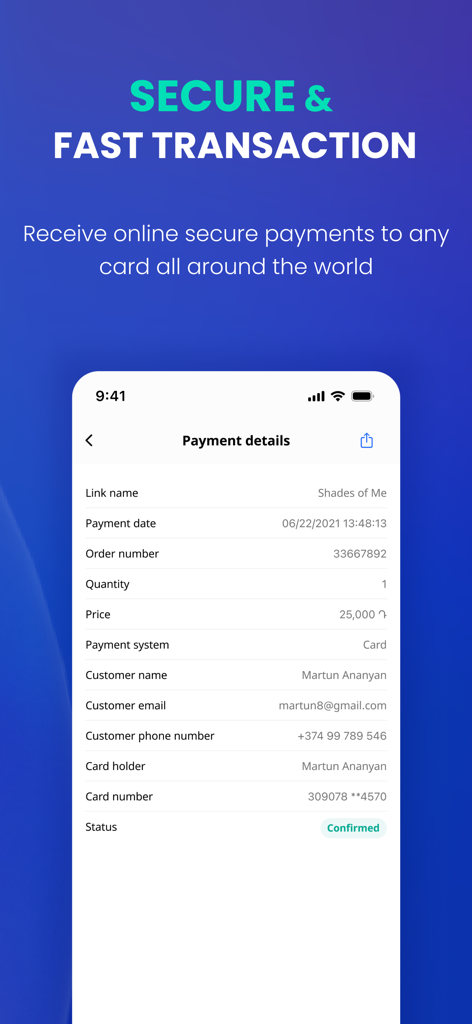 PayLink.am - A mobile phone screen displaying detailed payment confirmation and customer information within the PayLink app.