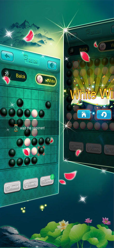 Othello board game gameplay showing black and white disks on an 8x8 grid with a decorative Zen background