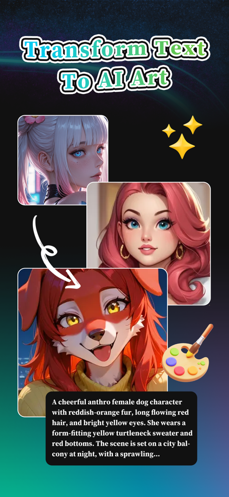 Keily-Create AI Stroy - 説明的なテキストプロンプトから作成されたAI生成のアニメおよびアンソロキャラクターを示すモバイルアプリ画面。