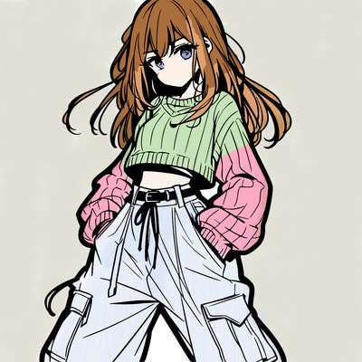 anime teen girl with baggy pants and crop top with sweater