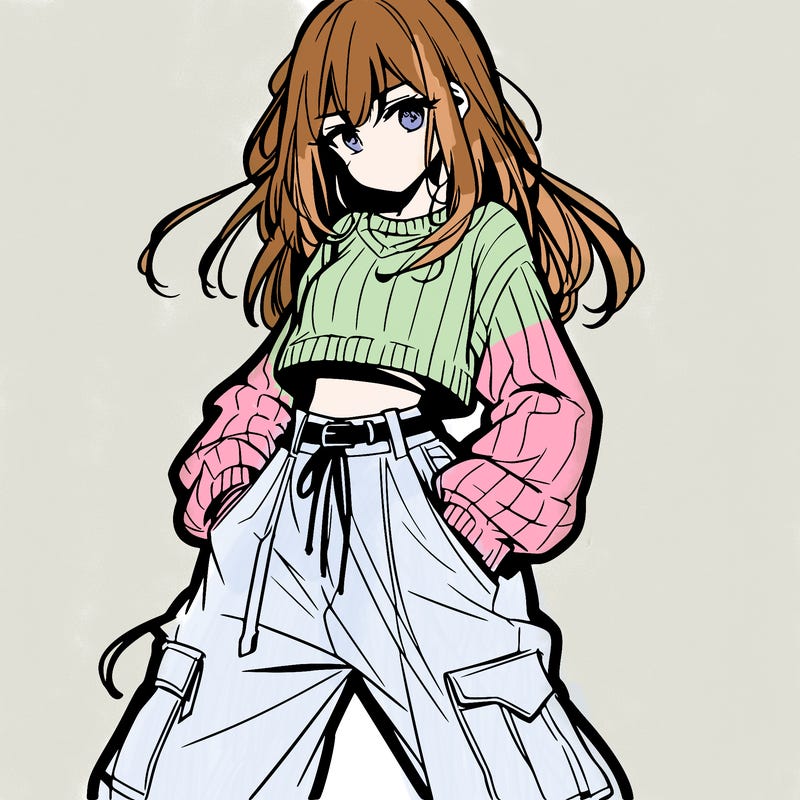 anime teen girl with baggy pants and crop top with sweater