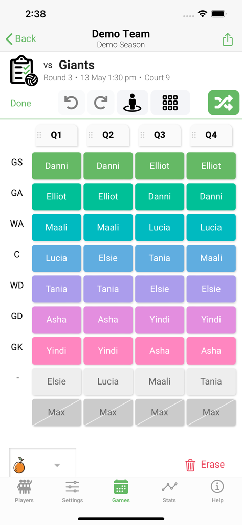 Interface for managing netball player rotations across four quarters.