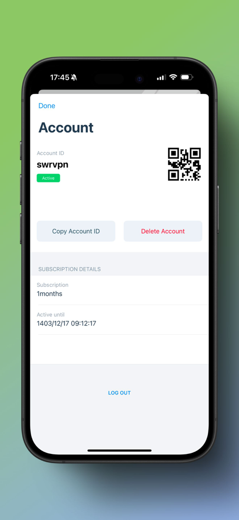 VPN - SWR - Kontoverwaltungsbildschirm von SWR VPN, der den Abonnementstatus und die Konto-ID auf einem Mobilgerät anzeigt.