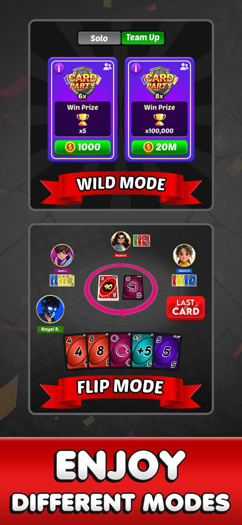 FLIP! Card Party with Friends - A mobile game screen showing Wild Mode selection and Flip Mode gameplay interface