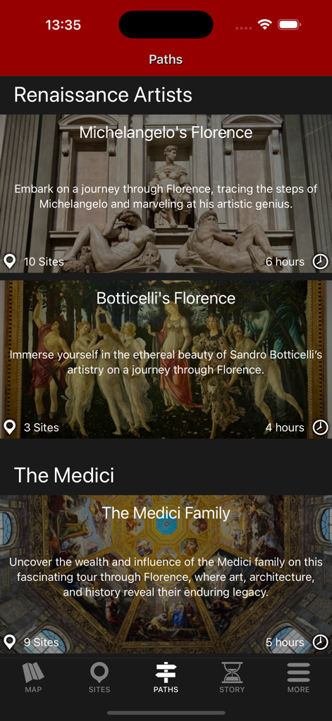 Florence Tour - Travel Guide - Pantalla de aplicación móvil que muestra rutas a pie temáticas para Florencia, incluyendo tours de Miguel Ángel y Botticelli