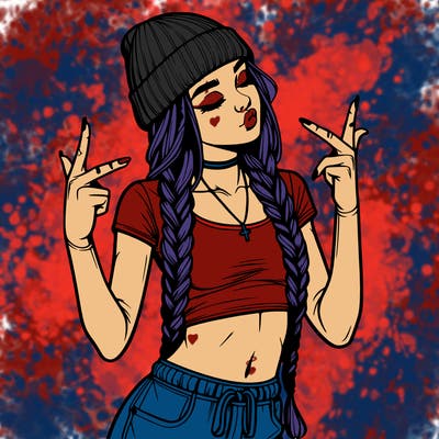 realistic teenage girl with braids and a beanie and crop top doing 🫶🏼