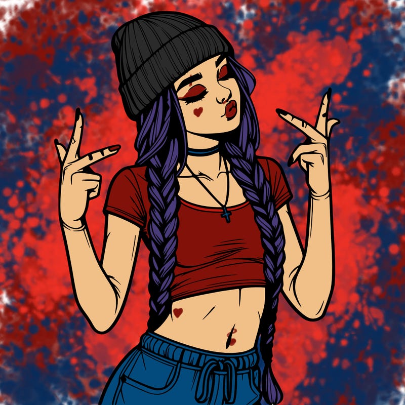 realistic teenage girl with braids and a beanie and crop top doing 🫶🏼
