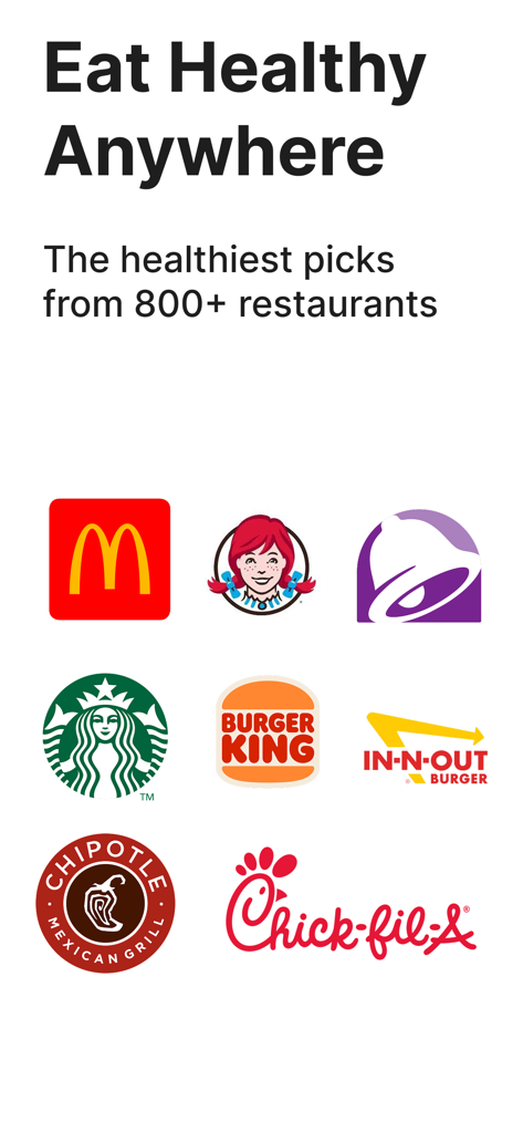 マクドナルド、スターバックス、チポトレなどの人気レストランのロゴが表示された「どこでも健康的に食べる」という見出しのチートデイアプリ画面。