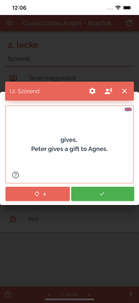 ハンガリー語話者向けGyakorlatias Angolアプリの英語語順レッスン