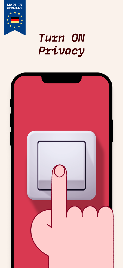 A hand turning on a privacy light switch on a smartphone screen with Made in Germany logo