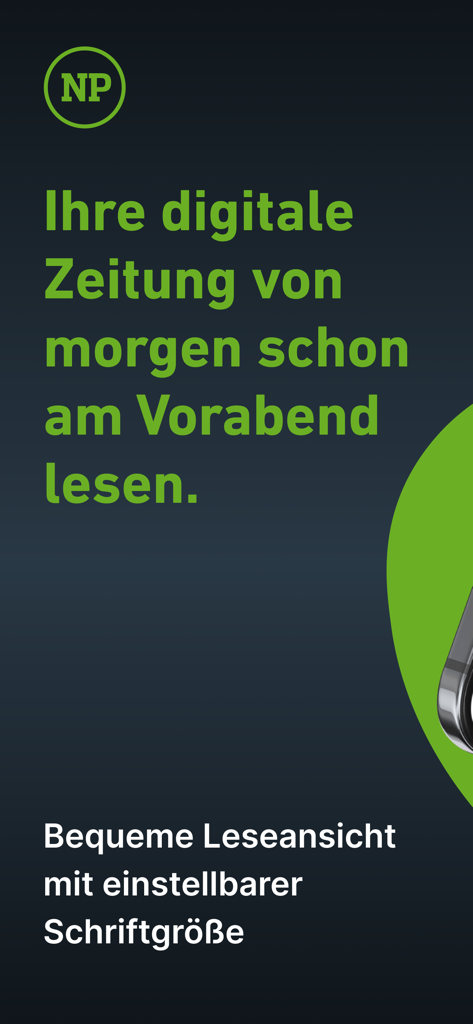 NP E-Paper: News aus Hannover - Werbebildschirm für die NP E-Paper-App, der frühen Zugang zu den täglichen Nachrichten und anpassbare Schriftgrößen für ein komfortables Leseerlebnis hervorhebt.